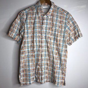 Columbia PFG Mens Small Orange Blue White Short Sleeve Button Fish Graphic Shirt